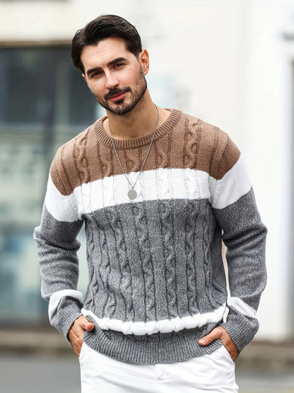 Herren Grobstrick Pullover mit Zopfmuster und Farbblöcken