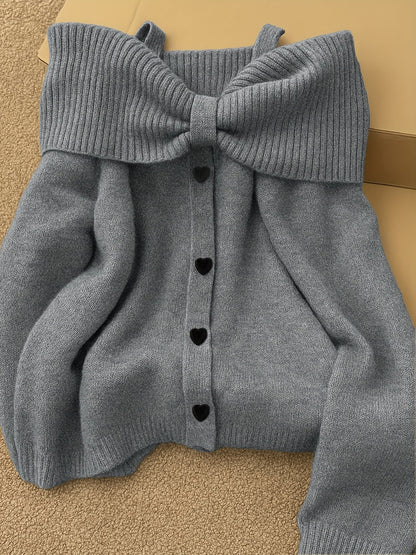 Damen Strickpullover Carmen-Ausschnitt mit Schleife und Herzknöpfen