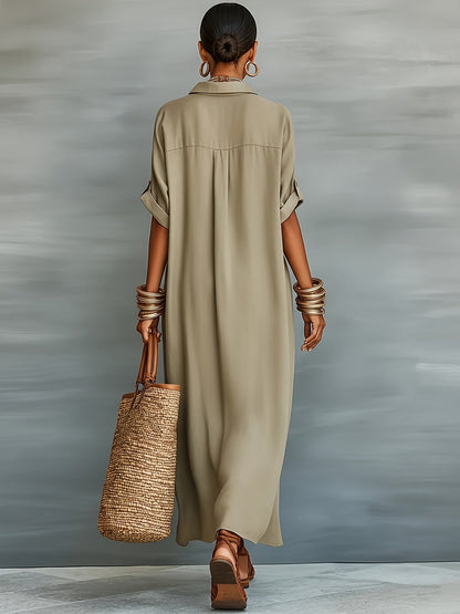 Damen Maxikleid Hemdblusenkleid Elegant Lässig Sommermode