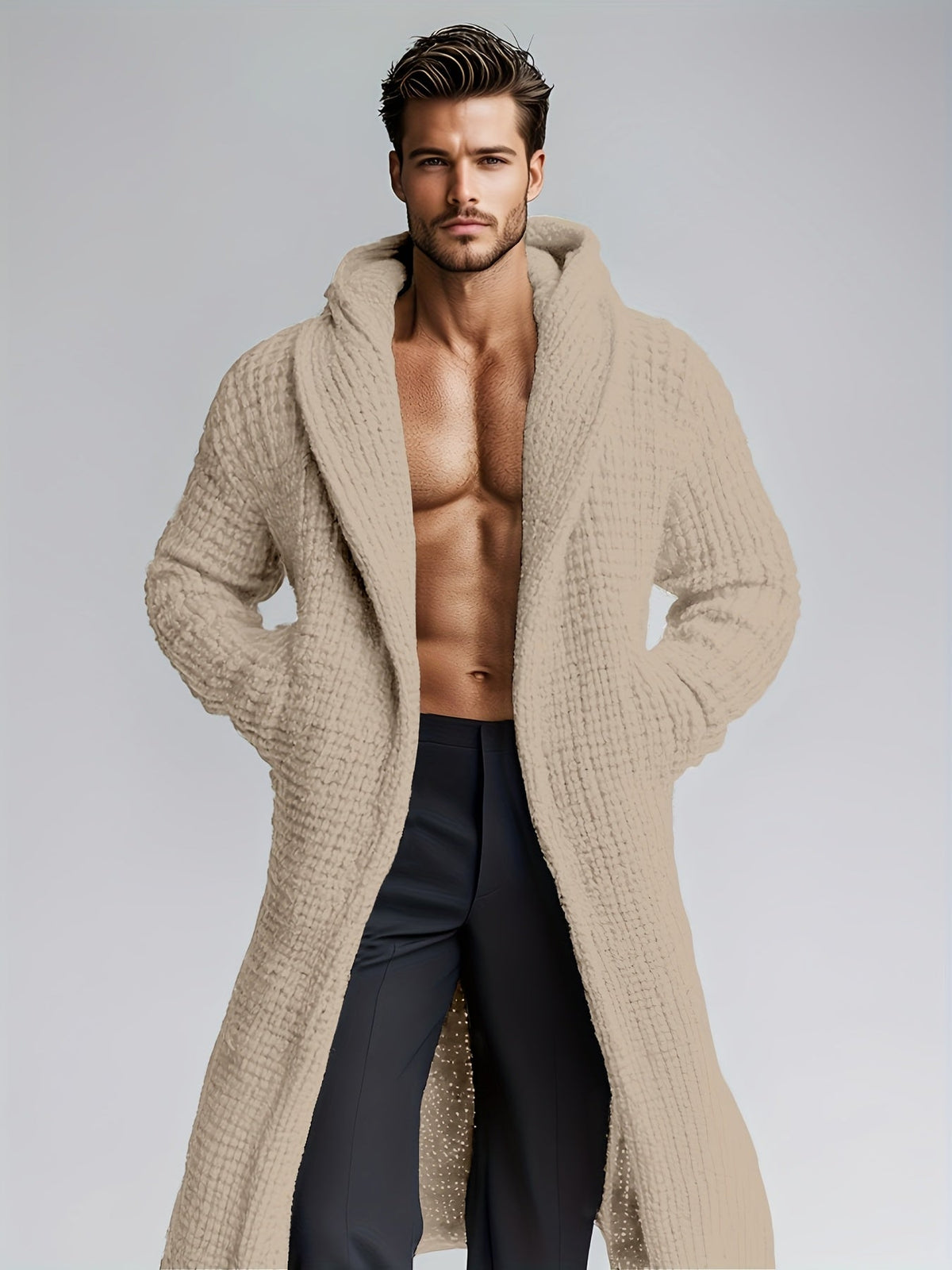 Herren Cardigan Lang Strickpullover Haussweater Dunkelgrau mit Kapuze