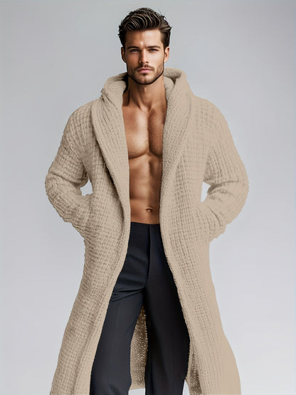 Herren Cardigan Lang Strickpullover Haussweater Dunkelgrau mit Kapuze