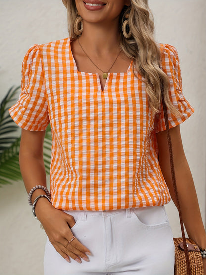 Damen Bluse im eleganten Vichy-Karo Stil mit Kurzarm – Perfekt für Freizeit und Alltag