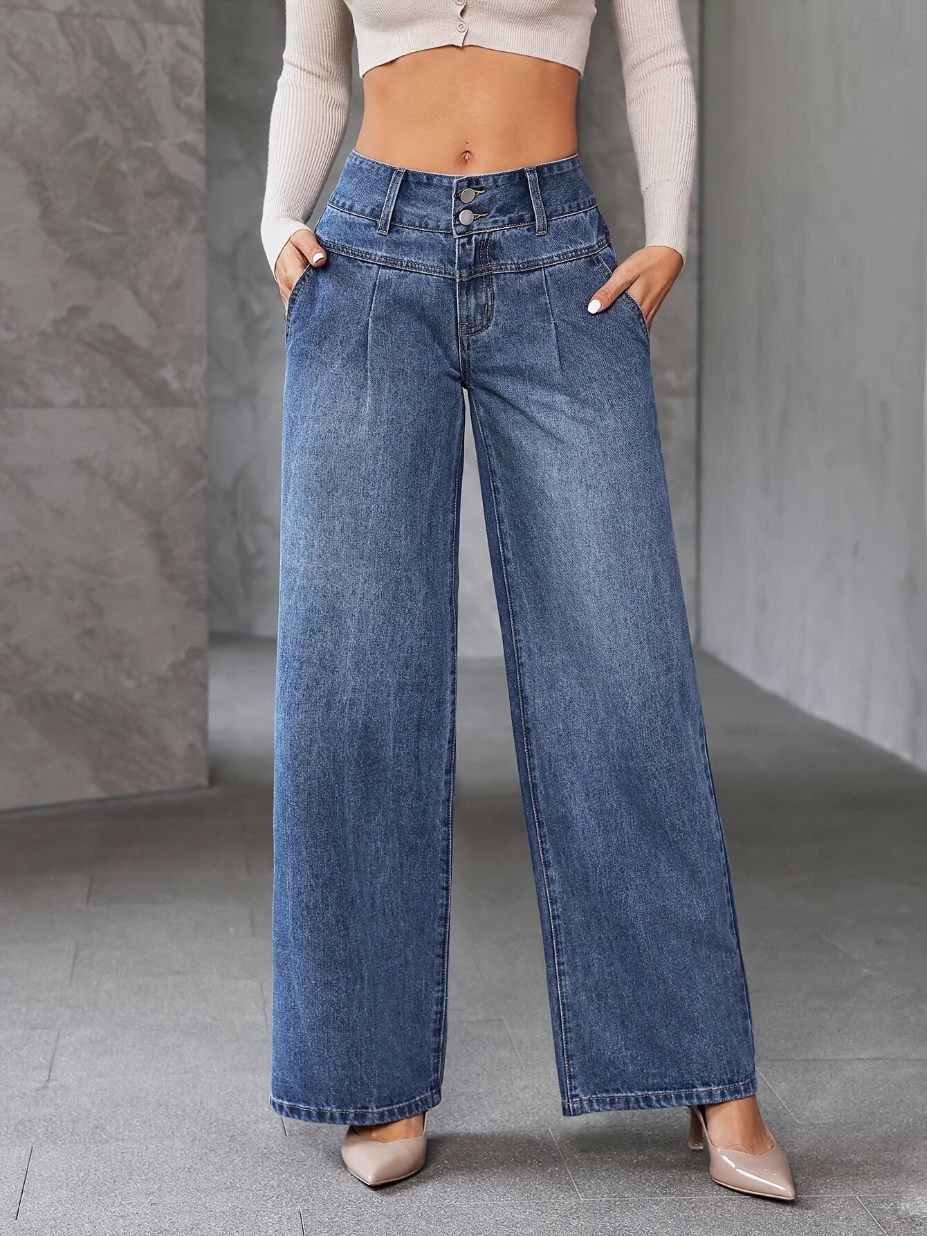 Damen Weitbein Jeans High Waist Elegant Freizeitmode