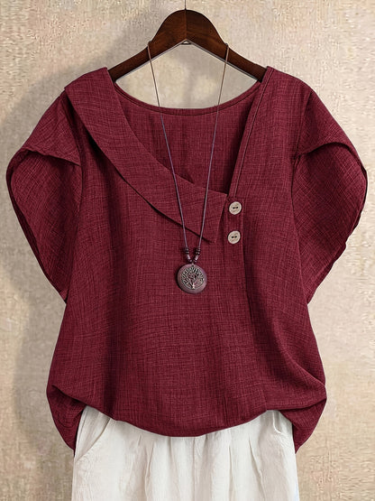 Damen Tunika Bluse mit asymmetrischem Ausschnitt und Knopfdetail – Künstlerischer Casual Look