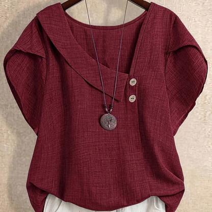 Damen Tunika Bluse mit asymmetrischem Ausschnitt und Knopfdetail – Künstlerischer Casual Look