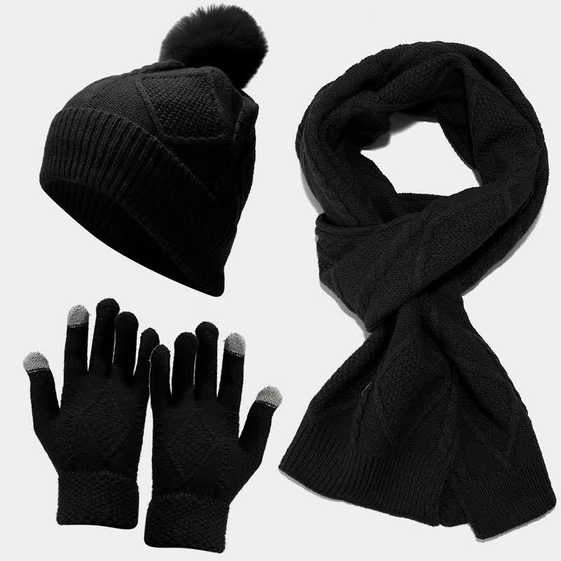 Strickmütze Schal Handschuhe Set mit Bommel und Touchscreen-Funktion