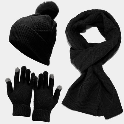 Strickmütze Schal Handschuhe Set mit Bommel und Touchscreen-Funktion