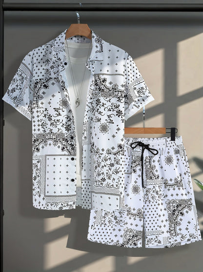Herren Kurzarm Freizeit Set mit Bandana-Print – Hemd und Shorts, Sommer Outfit, Lässige Mode