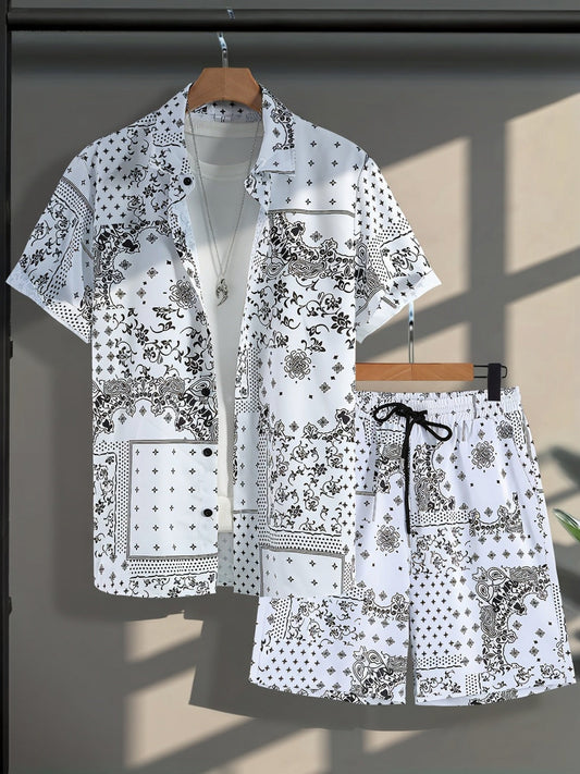 Herren Kurzarm Freizeit Set mit Bandana-Print – Hemd und Shorts, Sommer Outfit, Lässige Mode