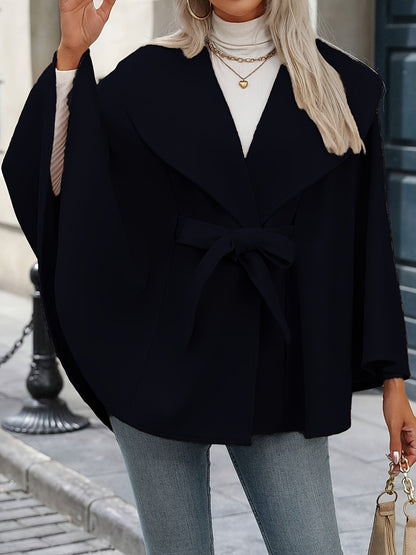 Damen Cape Mantel mit Gürtel und breitem Reverskragen
