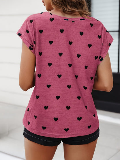 Damen Herzmuster V-Ausschnitt T-Shirt – Modisches Freizeitshirt für Alltag und Sommer