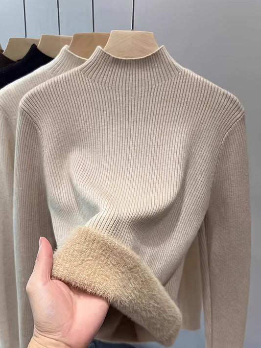 Damen Rippstrick Pullover Stehkragen mit flauschigem Innenfutter Beige