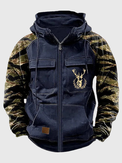 Herren Kapuzenjacke mit Reißverschluss, Camouflage Ärmel & Hirsch-Motiv