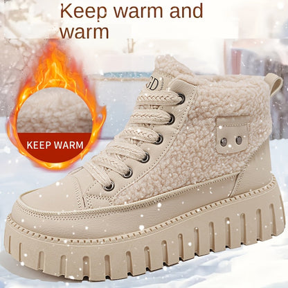 Damen Winter Plateaustiefel mit Teddyfutter, Schnürsenkel und Profilsohle