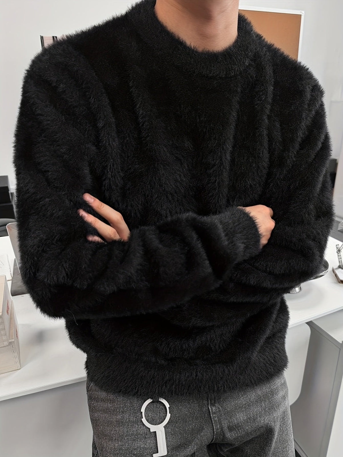 Unisex Langarm Pullover Flauschig Rundhals Weiß Schwarz