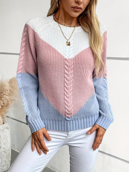 Damen Strickpullover Colour-Blocking Zopfmuster Langarm Rundhals