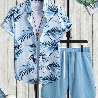 Herren Sommer Freizeit Set – Kurzarm Hemd mit Palmenmuster und Shorts – Perfekt für Urlaub & Strand