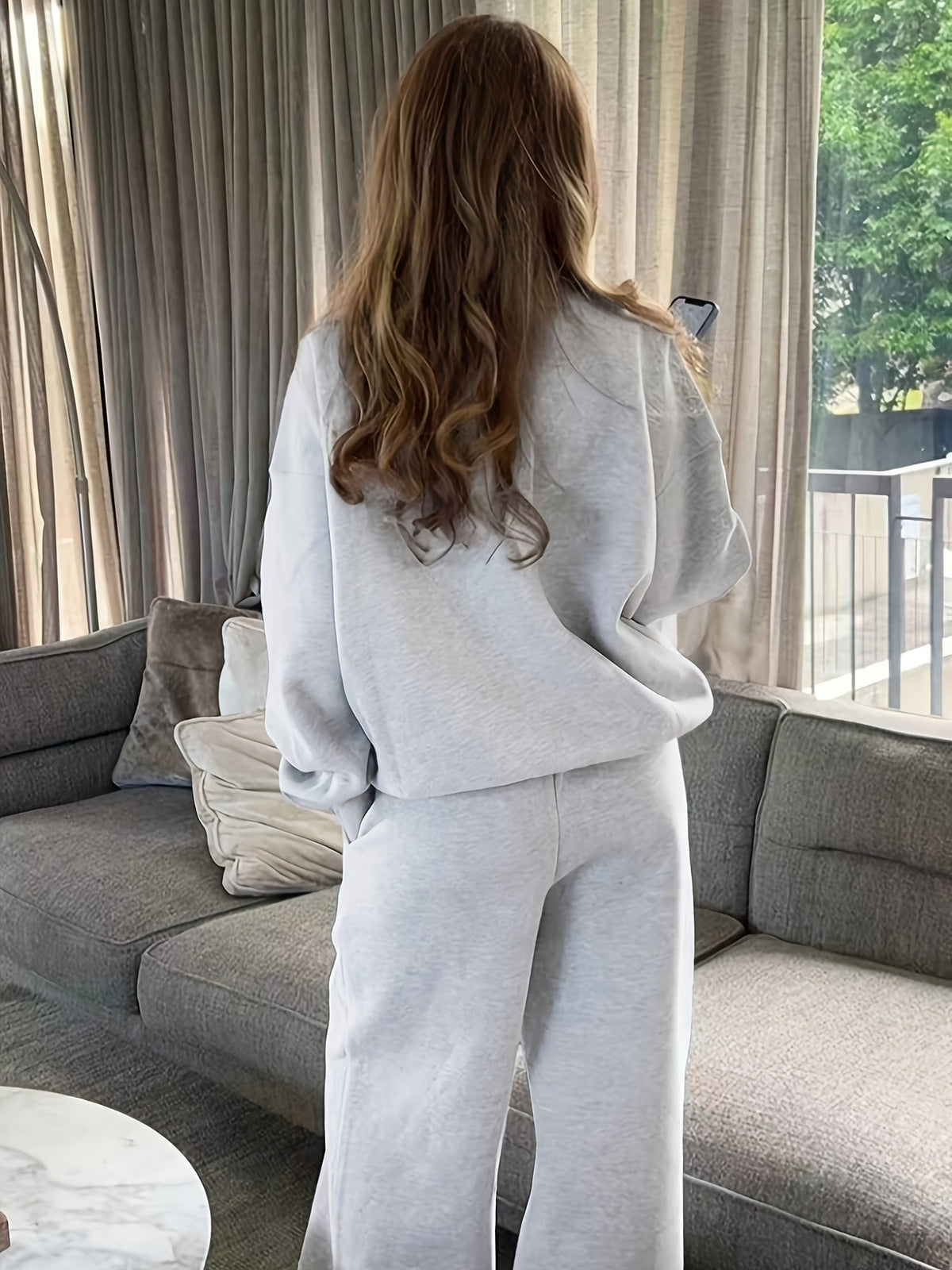 Damen Trainingsanzug Set mit Reißverschluss-Stehkragen Pullover und Jogginghose, weiter Schnitt