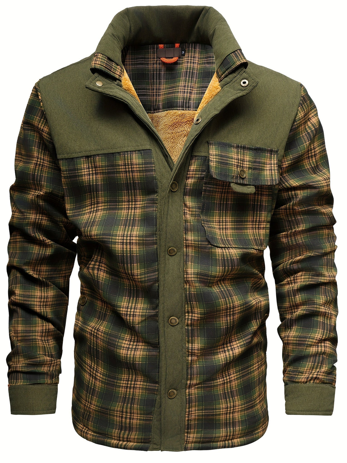 Herren Hemdjacke Grün Kariert mit Sherpa-Futter und Cord-Details