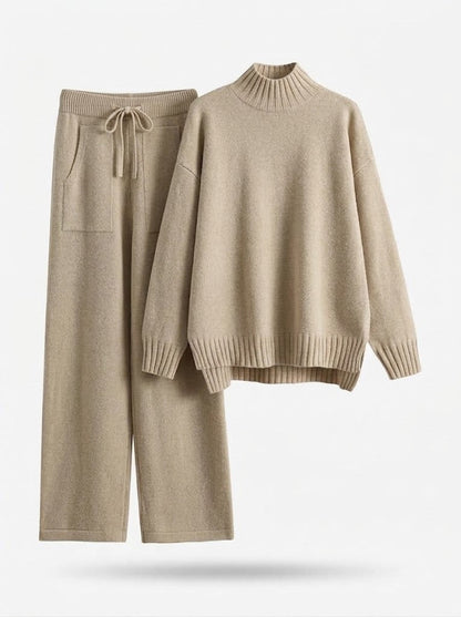 Strick-Loungewear-Set Damen, Hochgeschlossener Pullover & weite Hose, Blau