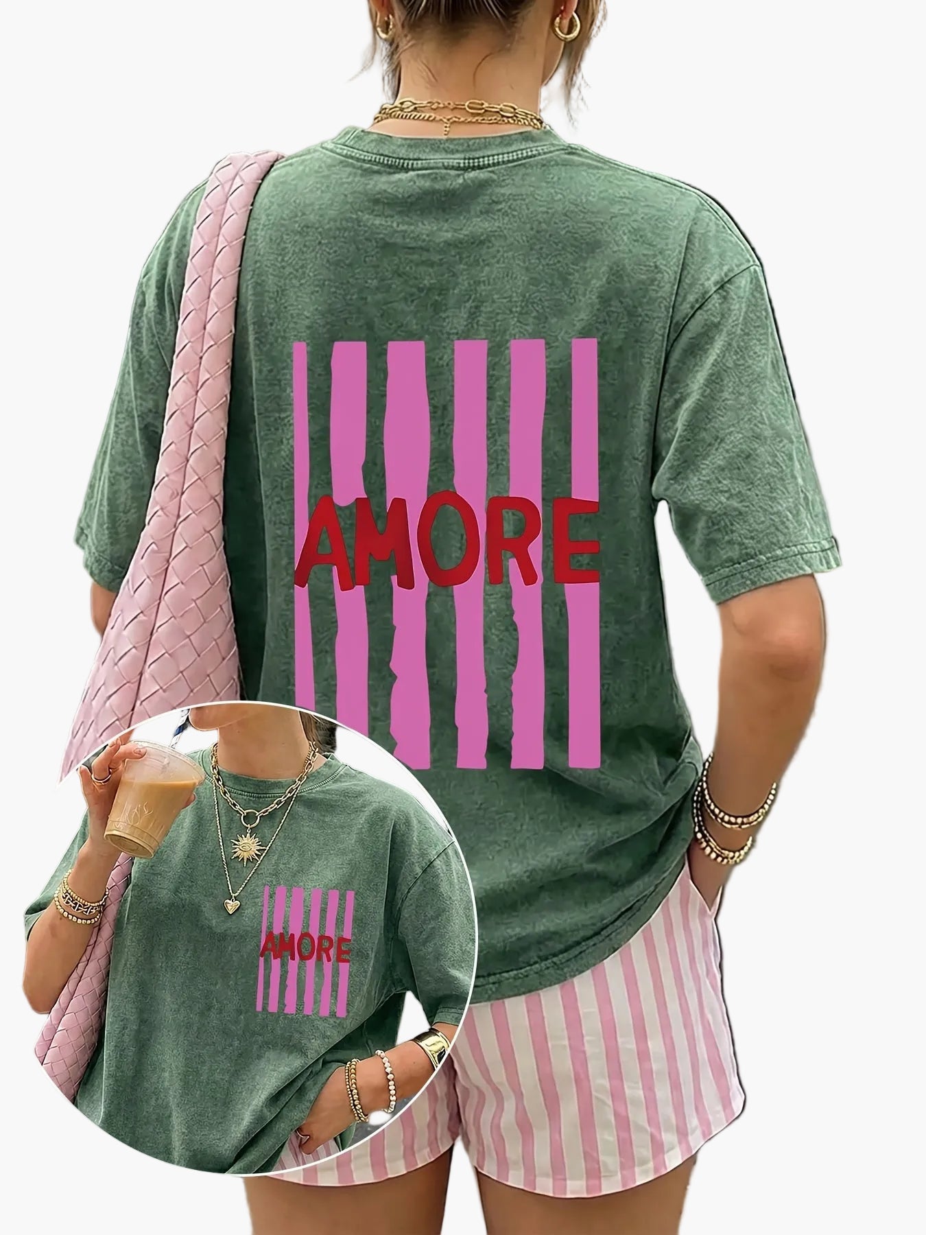 Damen Oversize Casual T-Shirt mit Print und Streifenshorts – Sommer Streetstyle Freizeitoutfit