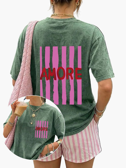 Damen Oversize Casual T-Shirt mit Print und Streifenshorts – Sommer Streetstyle Freizeitoutfit