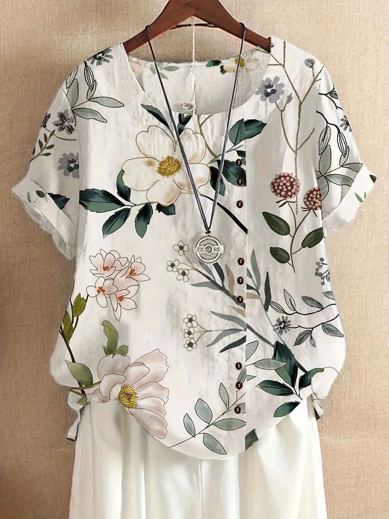 Damen Vintage Bluse mit Blumenmuster und Knopfleiste – Sommer Freizeit Oberteil