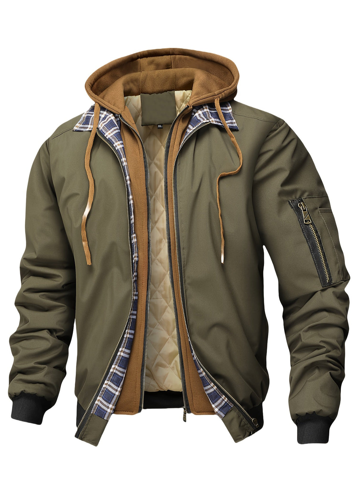 Herren Bomberjacke mit Kapuze Kariertes Futter Reißverschlusstasche Arm Beige