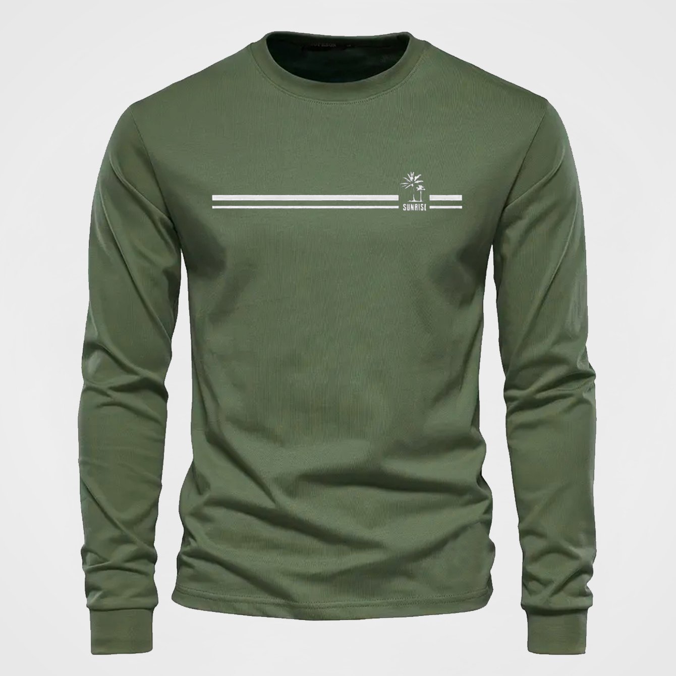 Herren Langarmshirt mit Rundhalsausschnitt und Streifen-Palmen-Print