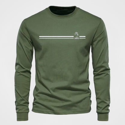 Herren Langarmshirt mit Rundhalsausschnitt und Streifen-Palmen-Print