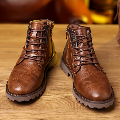 Herren Stiefel Braun Schnürsenkel Reißverschluss Profilsohle