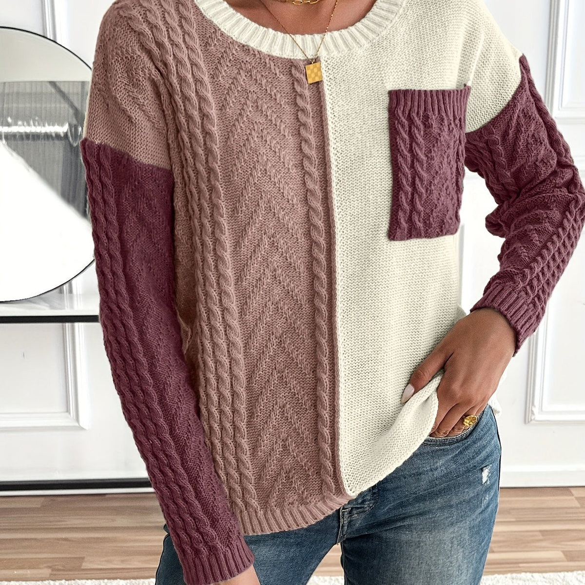 Damen Patchwork Strickpullover mit Rundhalsausschnitt und Zopfmuster