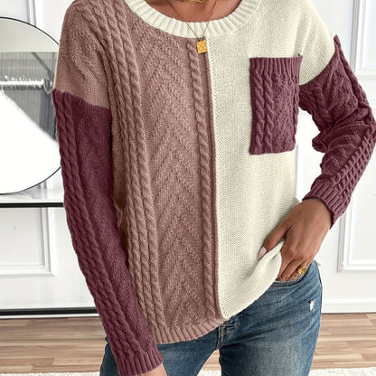 Damen Patchwork Strickpullover mit Rundhalsausschnitt und Zopfmuster