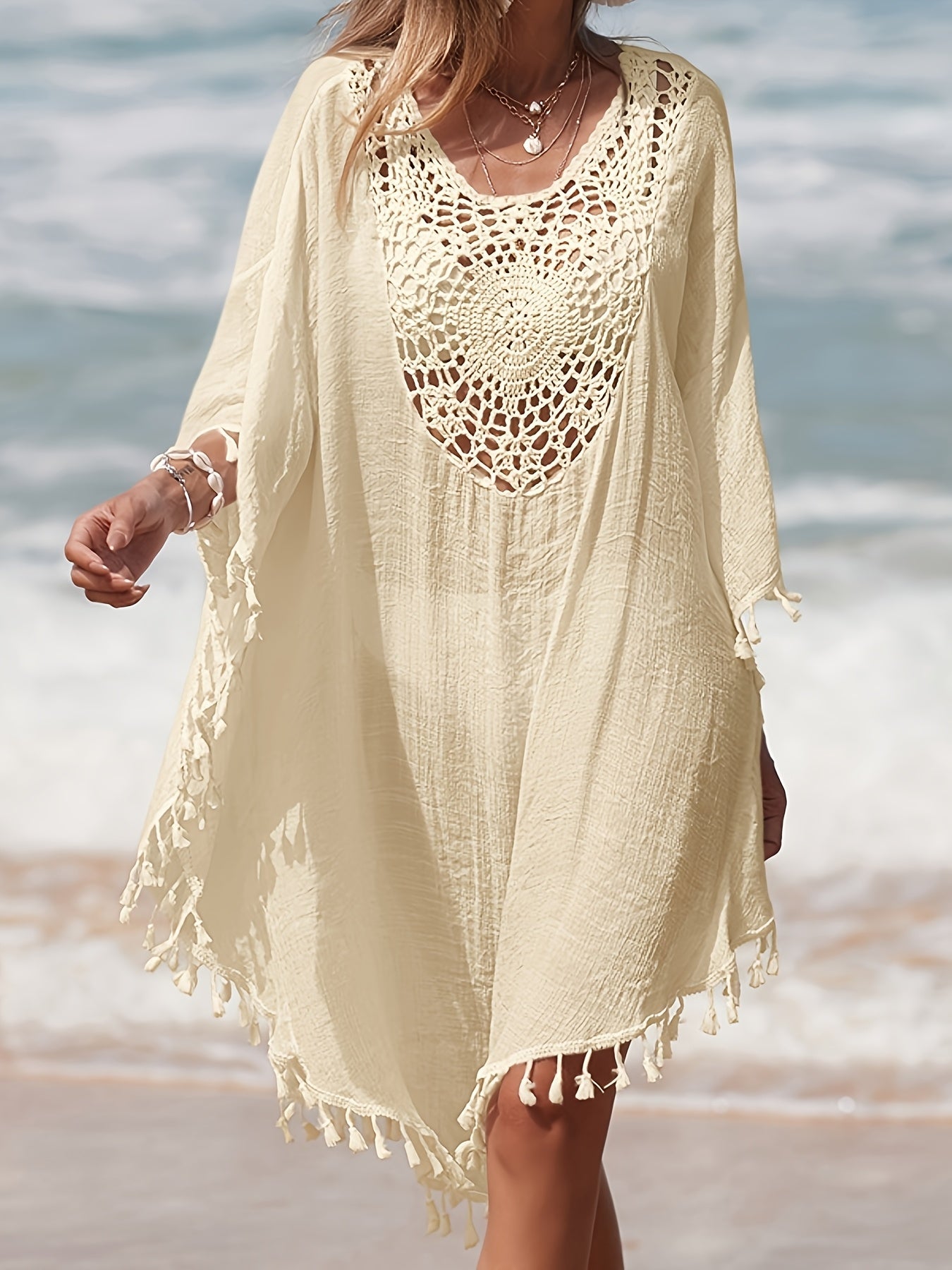 Damen Strand Kaftan Poncho mit Häkel-Details und Fransen – Eleganter Badeüberwurf