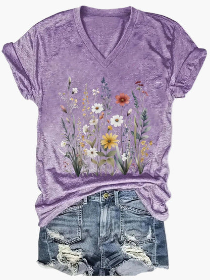 Damen Vintage Blumen T-Shirt mit V-Ausschnitt – Lässiges Sommer Oberteil im Boho-Stil