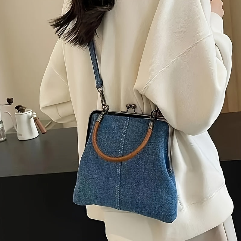 Damen Vintage Umhängetasche mit Holzgriff – Retro Handtasche im modernen Stil