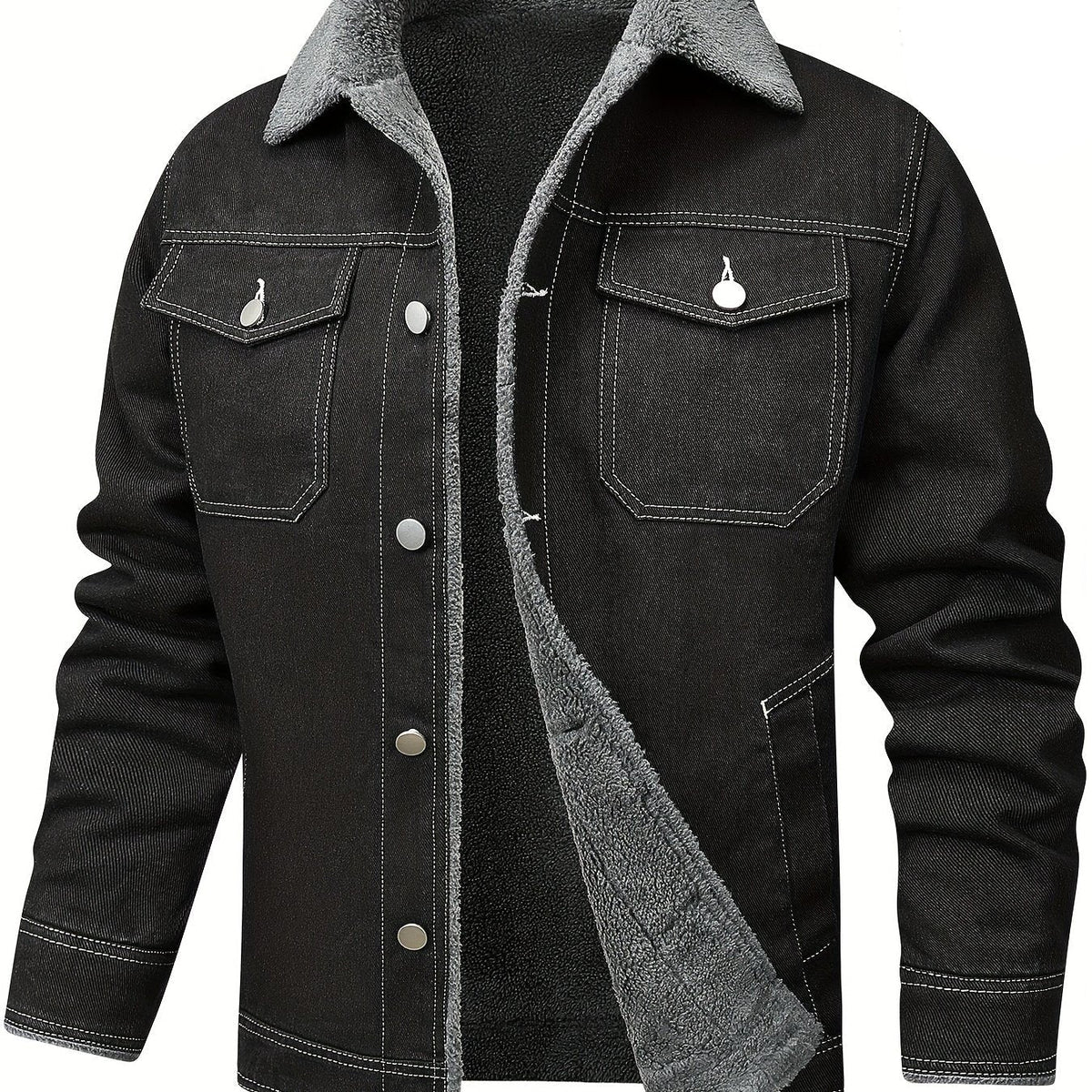 Herren Jeansjacke mit Teddyfutter, Sherpa Kragen, Knopfleiste, Brusttaschen, warm gefüttert
