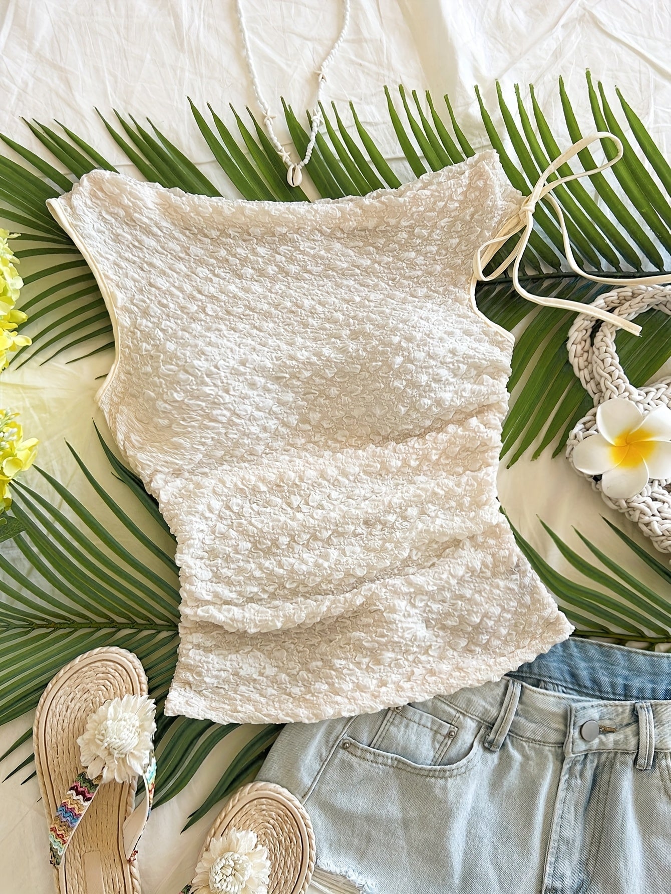 Damen Sommer-Top mit Struktur und One-Shoulder-Bindung – Elegantes Urlaubsshirt für Strand und Freizeit