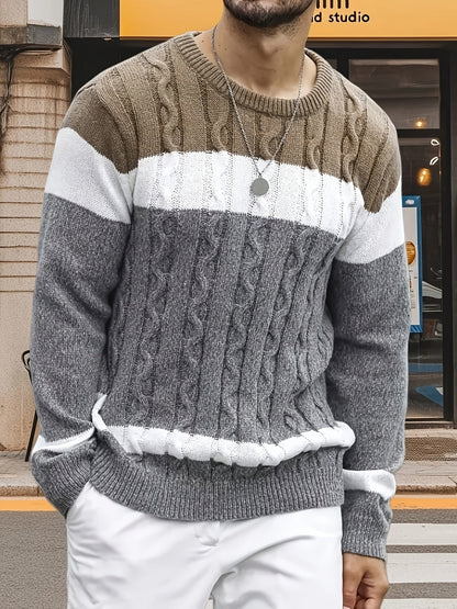 Herren Strickpullover Rundhals Zopfmuster Mehrfarbig