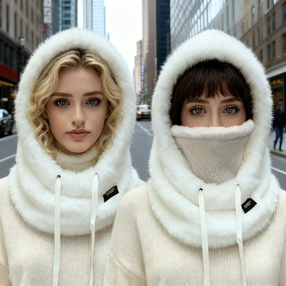 Fleece Kapuzen-Halstuch mit Gesichtsbedeckung und Kordelzug, Winter Schal Mütze Halswärmer Set