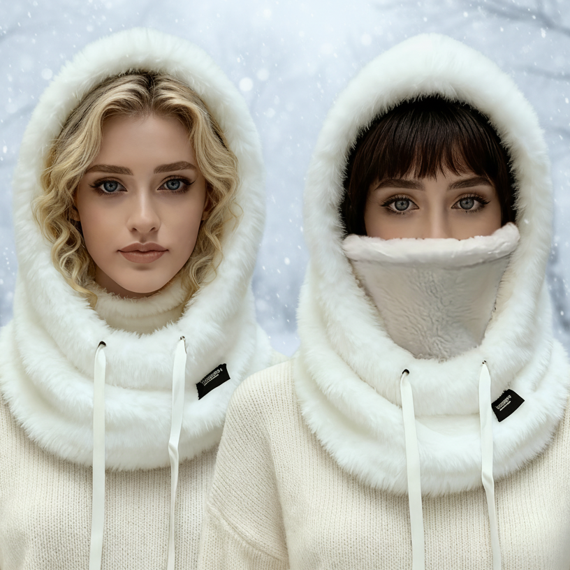 Fleece Kapuzen-Halstuch mit Gesichtsbedeckung und Kordelzug, Winter Schal Mütze Halswärmer Set