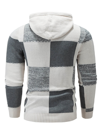 Herren Hoodie Pullover im Patchwork-Design mit Kapuze und Kordelzug, Strickoptik, Langarm