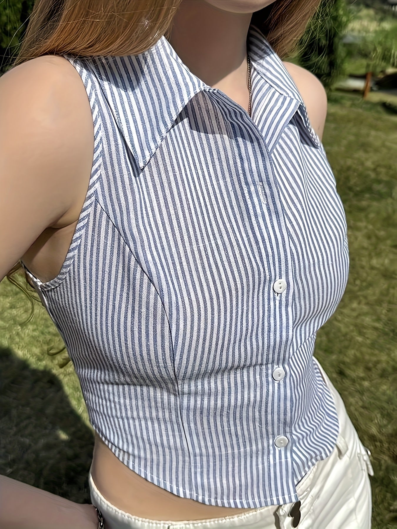 Damen ärmellose Bluse mit Streifen und taillierter Passform – Modernes, elegantes City-Outfit