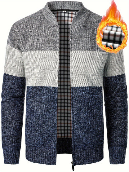 Herren Cardigan gestreift mit Stehkragen – melierter Strick und kariertes Futter