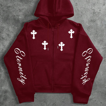 Unisex Reißverschluss Hoodie mit Kreuz- und Schriftzug-Print
