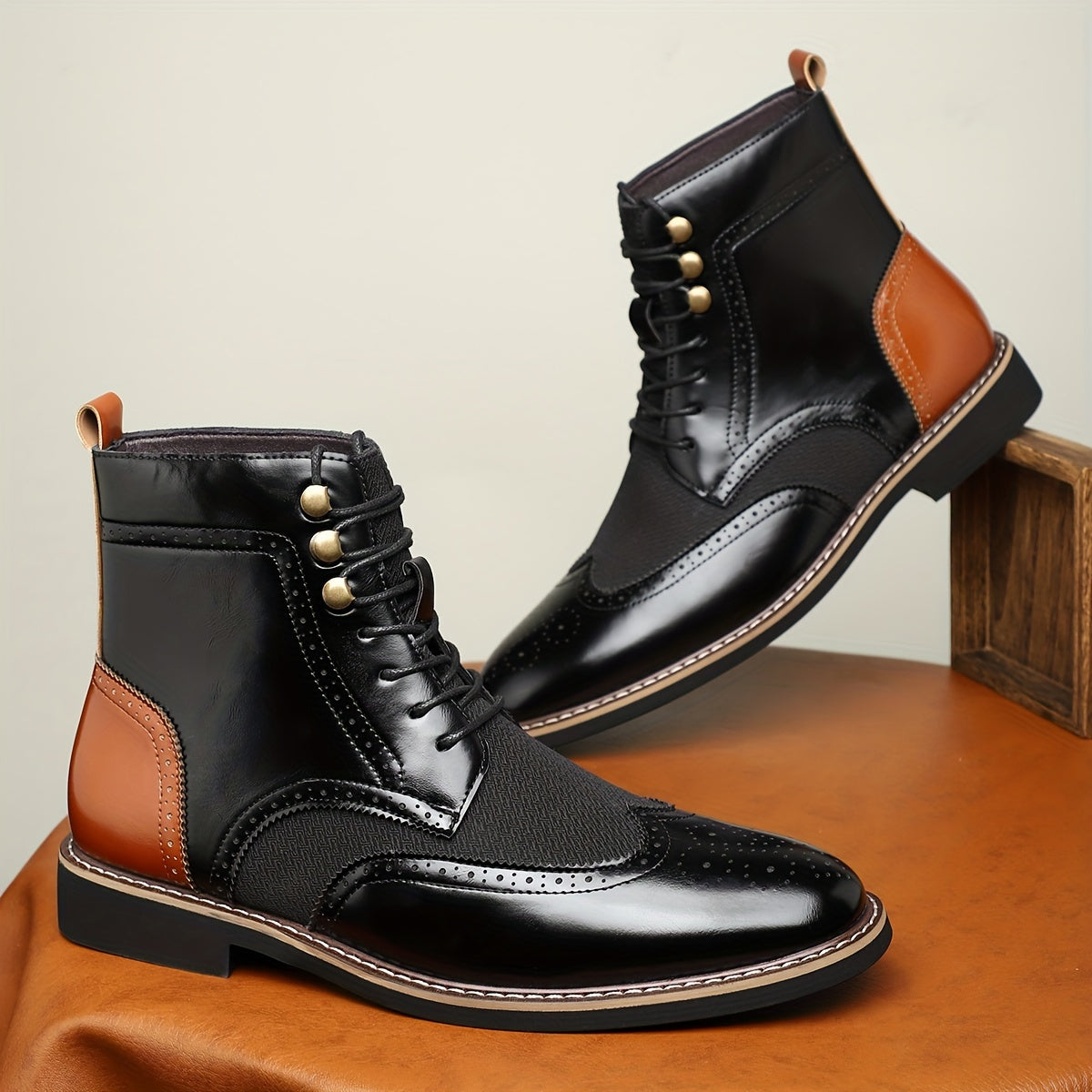 Herren Schnürstiefelette Brogue-Stil Zweifarbig mit Lochmuster