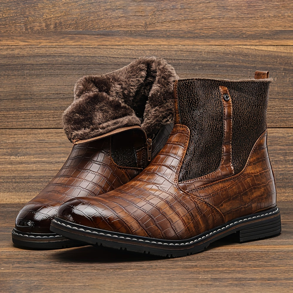 Herren Stiefeletten Braun Kroko-Optik Warm Gefüttert