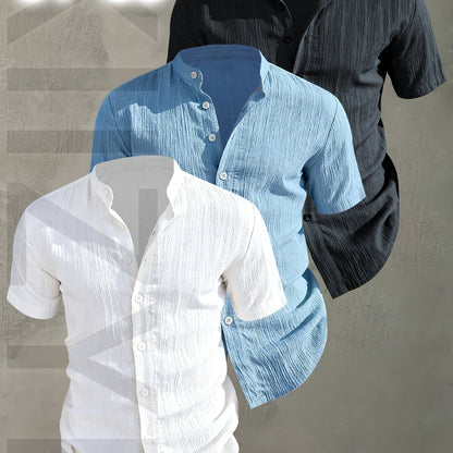 Herren 3er-Pack Stehkragen Hemden – Modischer Freizeit Look, Kurzarm, Knopfleiste