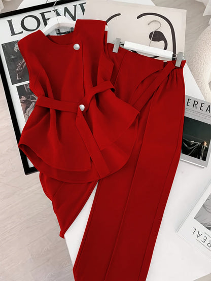 Damen Business Zweiteiler Set – Elegantes Asymmetrisches Top mit Gürtel und Weite Hose für Büro & Alltag