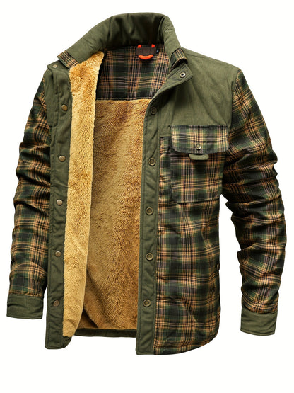 Herren Hemdjacke Grün Kariert mit Sherpa-Futter und Cord-Details